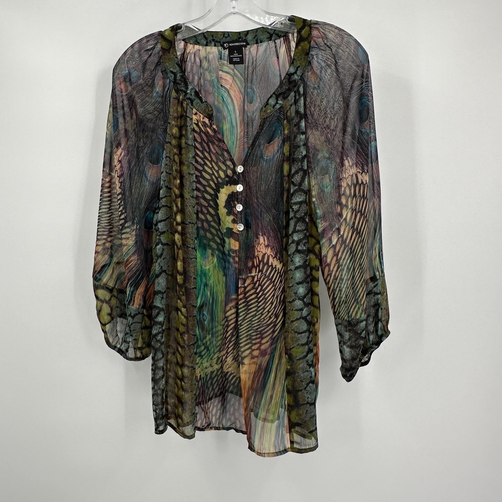 Womens Boho Peacock Animal Print Top Size L Sheer Chiffon Tunic Eclectic Indie